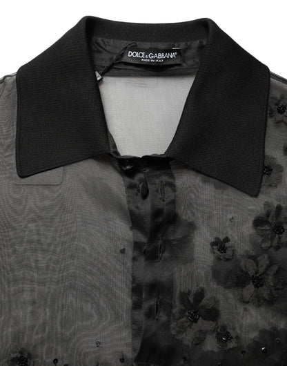 Dolce & Gabbana Black Floral Applique Sheer Short Sleeve Shirt