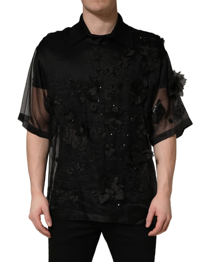 Dolce & Gabbana Black Floral Applique Sheer Short Sleeve Shirt