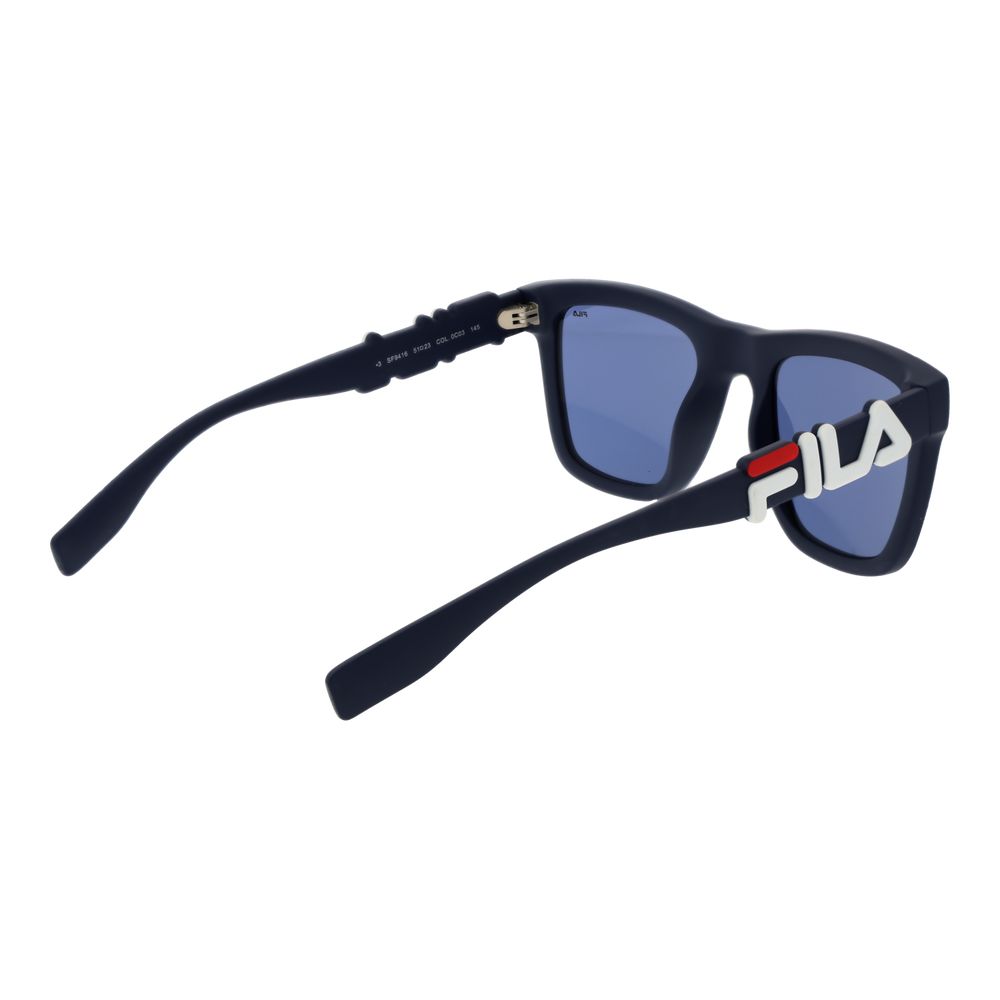 Sunglasses by Fila for men in plastic blue features an lustrous full-rim square frame design with blue coloured frame detailing and non-polarized category-3-dark-tint lens for a lustrous aesthetic.
