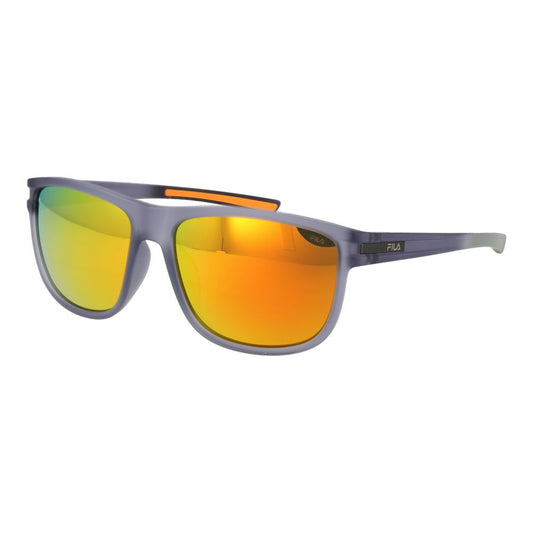 Sunglasses by Fila for men in plastic and gray featuring an opulent full-rim square frame design with a sophisticated gray coloured frame finish and high-performance polarized mirrored category-3-dark-tint lens.