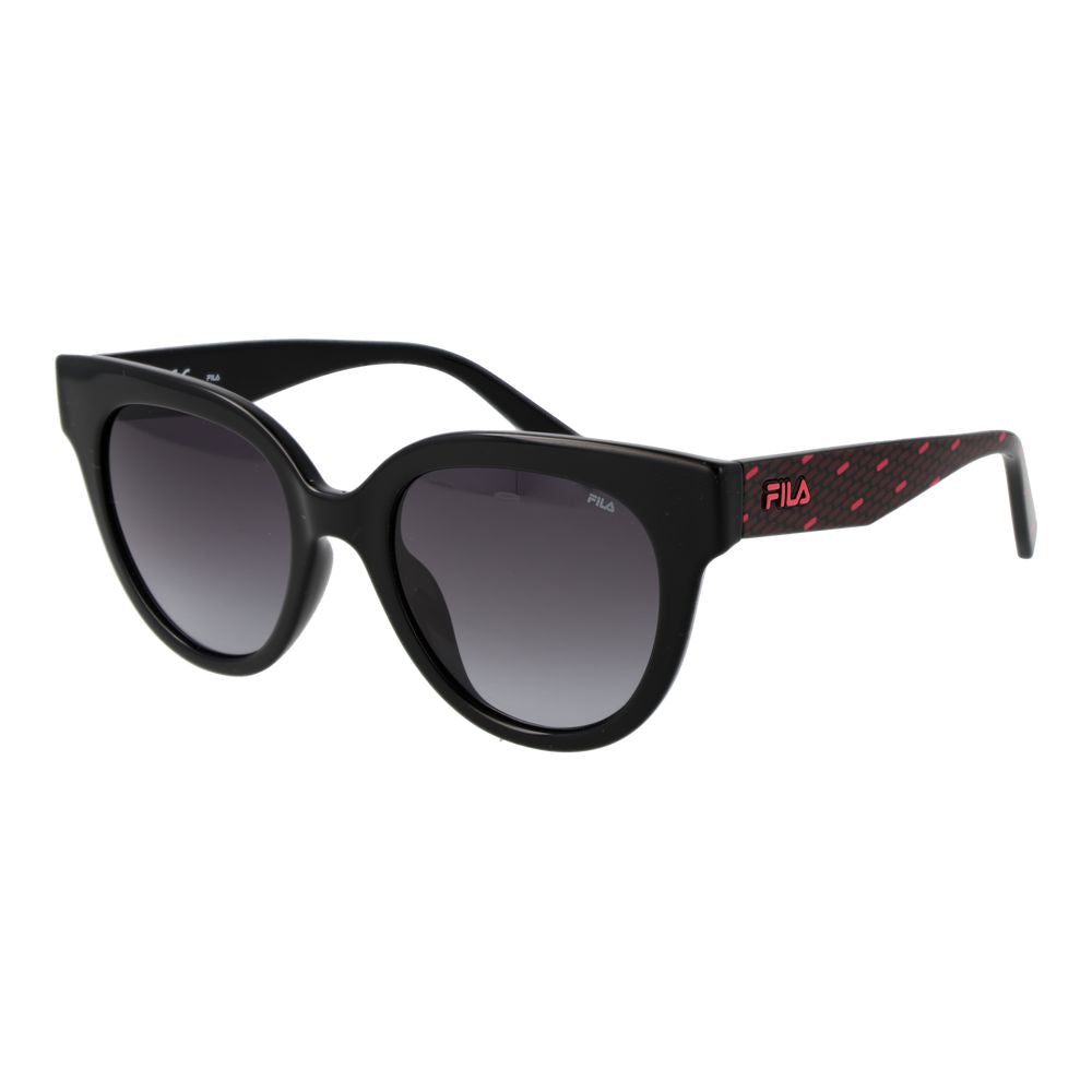 This Sunglasses by Fila for women in plastic black presents a sumptuous silhouette, showcasing a sumptuous full-rim cat-eye frame design in black coloured frame and high-performance gradient category-2-medium-tint lens.