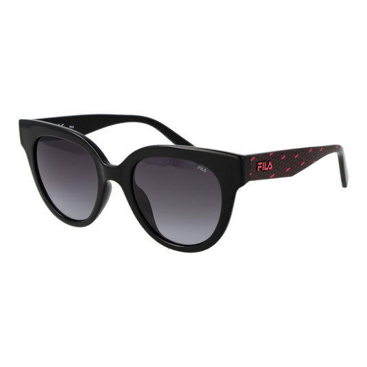 This Sunglasses by Fila for women in plastic black presents a sumptuous silhouette, showcasing a sumptuous full-rim cat-eye frame design in black coloured frame and high-performance gradient category-2-medium-tint lens.