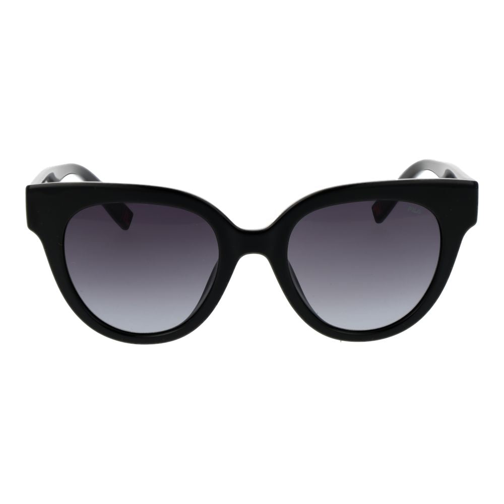 Sunglasses by Fila for women in plastic and black featuring an opulent full-rim cat-eye frame design with a sophisticated black coloured frame finish and high-performance gradient category-2-medium-tint lens.