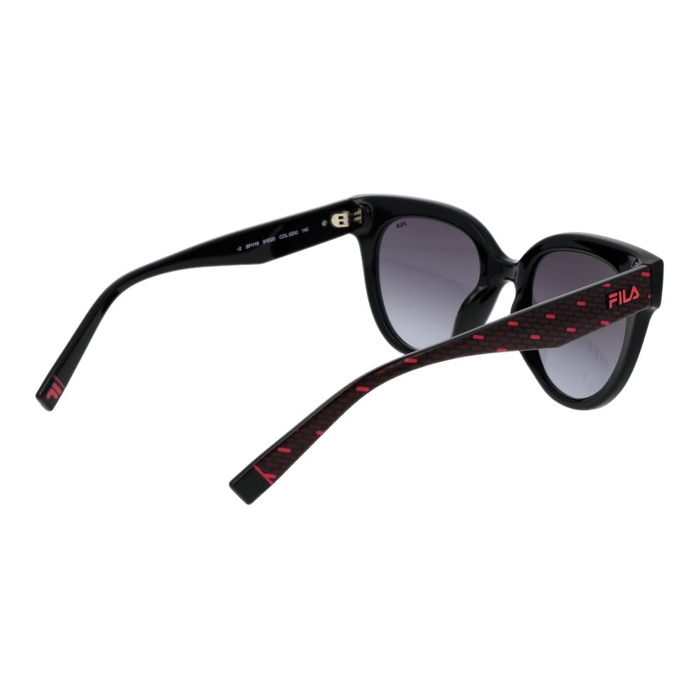 Sunglasses by Fila for women in plastic and black presents a sumptuous silhouette, featuring black coloured frame and full-rim cat-eye frame design with gradient category-2-medium-tint lens for a sumptuous look.