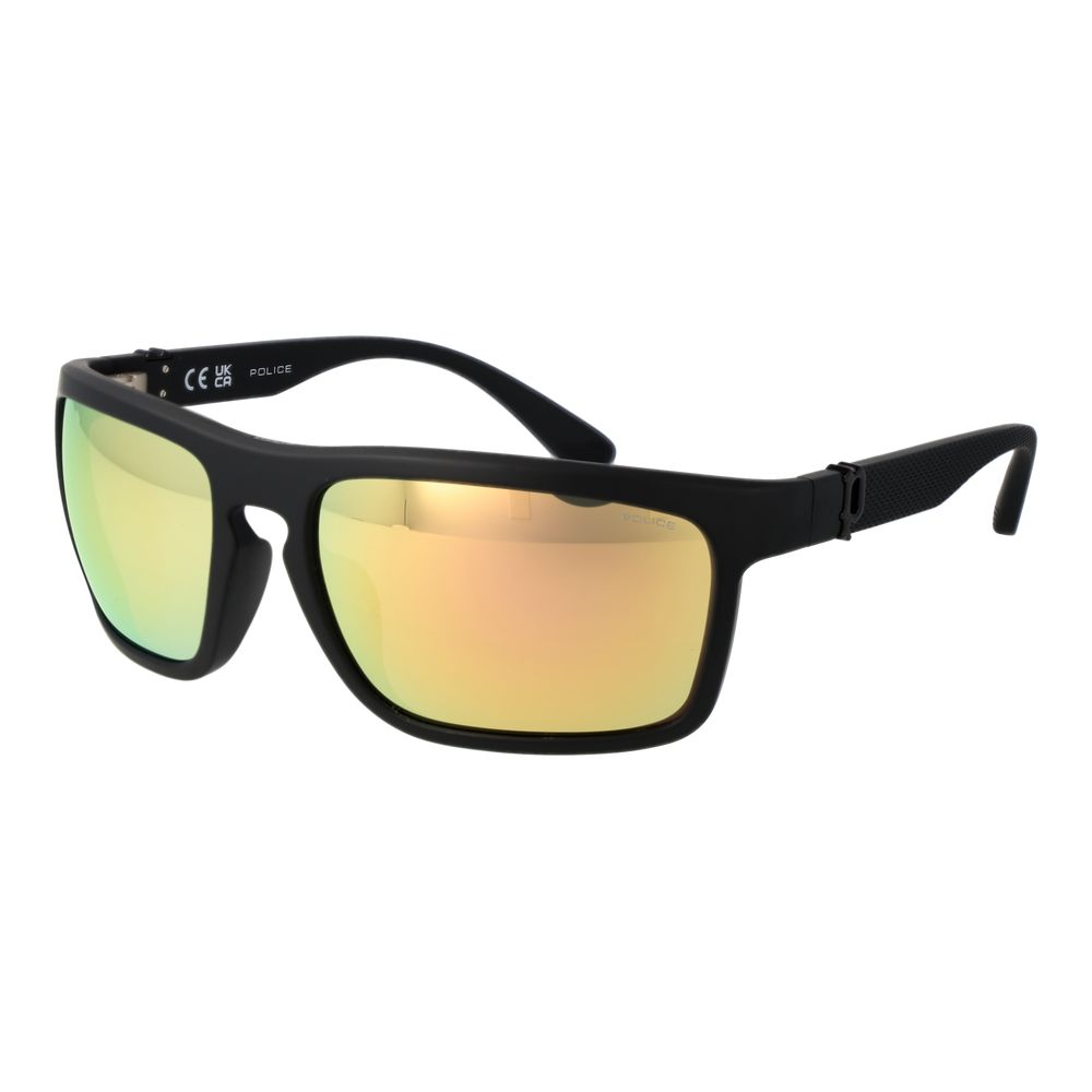 Sunglasses by Police for men in plastic black features a sumptuous silhouette, showcasing a sumptuous rectangle full-rim frame design in black coloured frame with high-performance mirrored category-3-dark-tint lens.