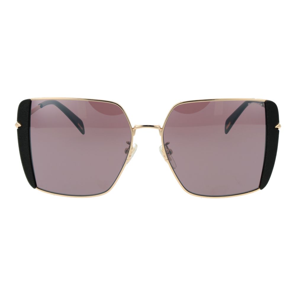 Sunglasses by Police for women in metal gold features a sumptuous silhouette, showcasing a sumptuous full-rim square frame design in gold coloured frame with high-performance mirrored category-3-dark-tint lens.