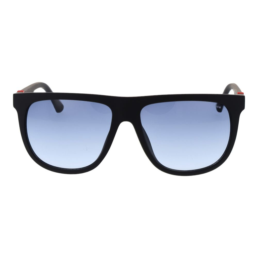 Sunglasses by Police for men in plastic black features an lustrous full-rim panto frame design with black coloured frame detailing and gradient category-2-medium-tint lens for a lustrous aesthetic.
