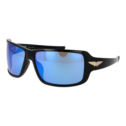Sunglasses by Police for men in plastic black features a sumptuous silhouette, showcasing a sumptuous rectangle full-rim frame design in black coloured frame with high-performance mirrored category-2-medium-tint lens.