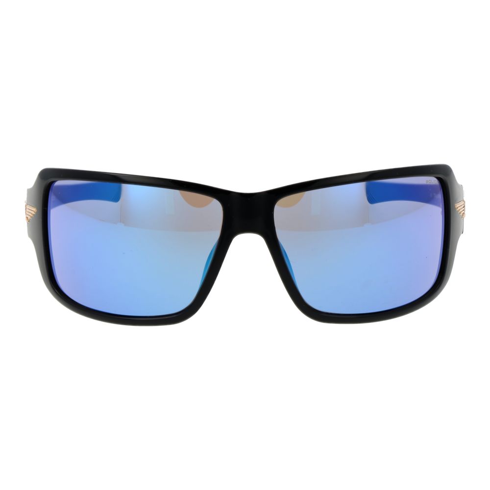 This Sunglasses by Police for men in plastic black presents a sumptuous silhouette, showcasing a sumptuous rectangle full-rim frame design in black coloured frame and high-performance mirrored category-2-medium-tint lens.