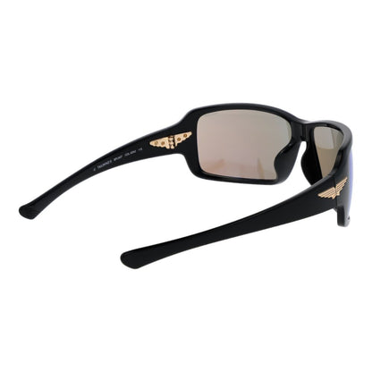 Sunglasses by Police for men in plastic black features an ethereal rectangle full-rim frame design with black coloured frame frames and mirrored category-2-medium-tint lens for a ethereal finish.