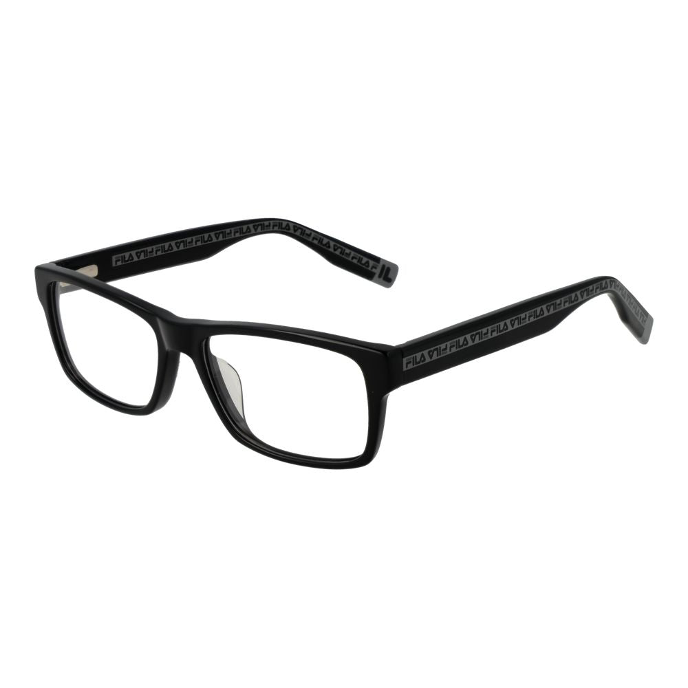 Eyeglasses Frames by Fila for men in cellulose acetate black showcases a reflective silhouette, artfully incorporating a sophisticated black coloured frame with a distinct full-frame frame design.