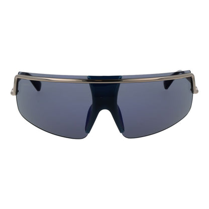Sunglasses by Max Mara for women in metal silver features a sumptuous silhouette, showcasing a sumptuous rimless mono-lens frame design in silver coloured frame with high-performance mirrored category-3-dark-tint lens.