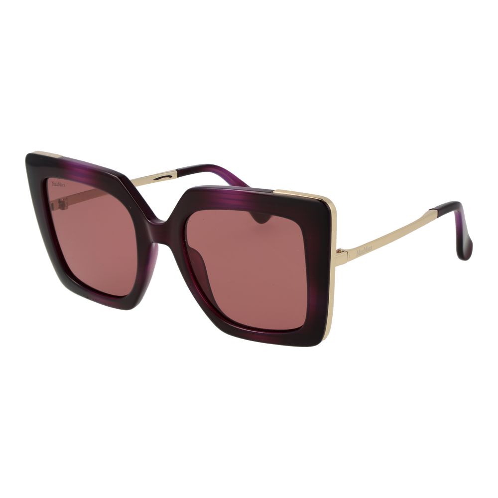 Sunglasses by Max Mara for women in plastic purple features an lustrous full-rim square frame design with purple coloured frame detailing and non-polarized category-2-medium-tint lens for a lustrous aesthetic.