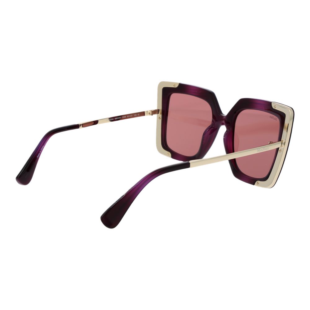 Sunglasses by Max Mara for women in plastic purple features an ethereal full-rim square frame design with purple coloured frame frames and non-polarized category-2-medium-tint lens for a ethereal finish.