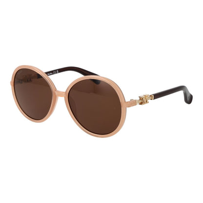 Sunglasses by Max Mara for women in plastic beige features an lustrous full-rim round frame design with beige coloured frame detailing and non-polarized category-3-dark-tint lens for a lustrous aesthetic.