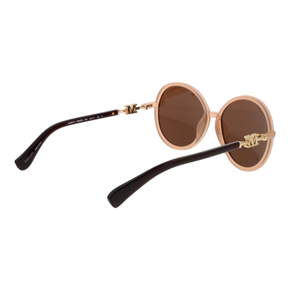 Sunglasses by Max Mara for women in plastic beige features an lustrous full-rim round frame design with beige coloured frame detailing and non-polarized category-3-dark-tint lens for a lustrous aesthetic.