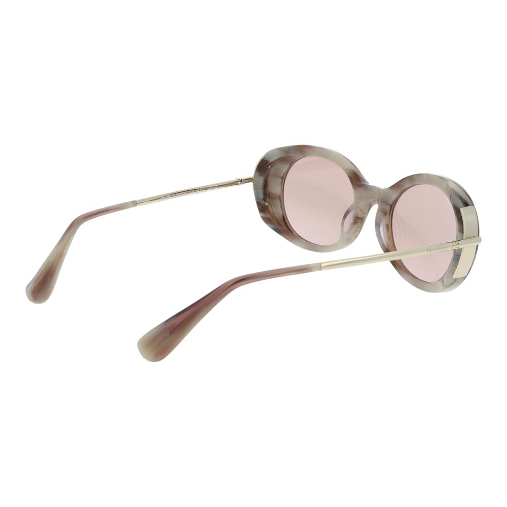 This Sunglasses by Max Mara for women in acetate beige presents a sumptuous silhouette, showcasing a sumptuous full-rim oval frame design in beige coloured frame and high-performance mirrored category-2-medium-tint lens.