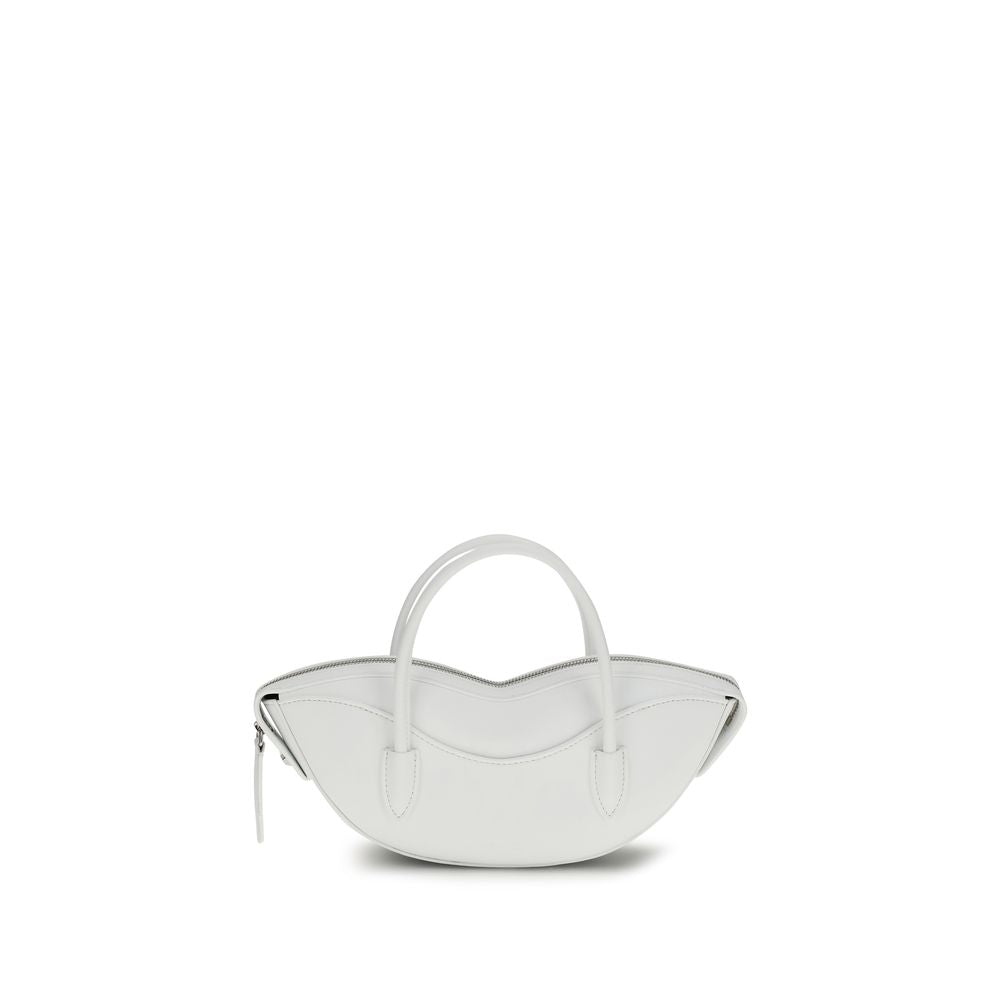 This Mini Shoulder Handbag by Fiorucci for women in bos taurus suede calf leather and silver, white & signature presents a sculptural silhouette featuring a secure zipper, ample , and versatile shoulder-strap & handle for a sculptural finish.