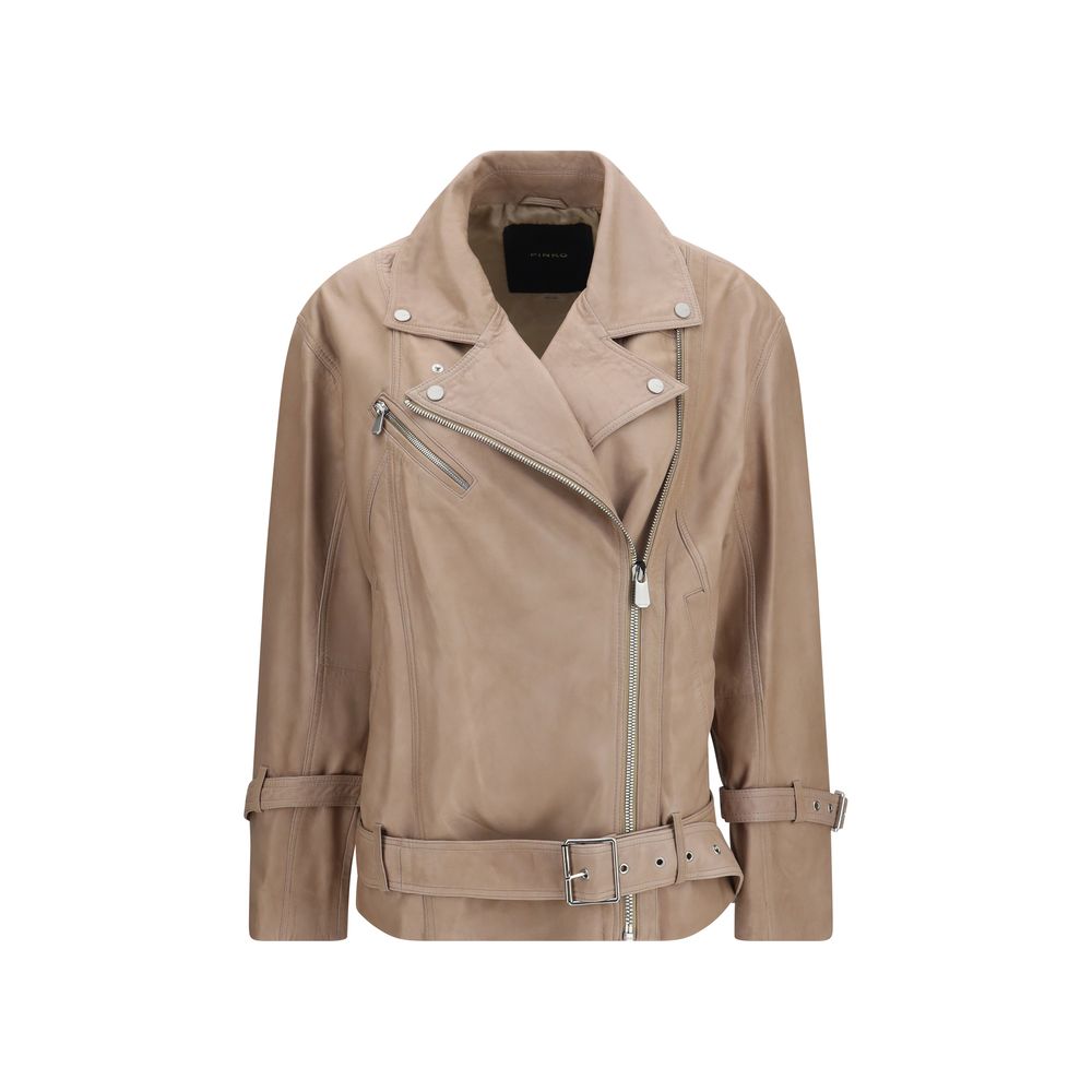 Jacket by PINKO for women in sheep leather beige presents a impeccable silhouette, showcasing distinct pockets and a impeccable for a sophisticated finish.
