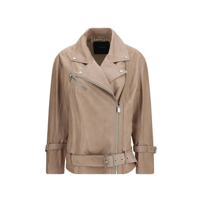Jacket by PINKO for women in sheep leather beige presents a impeccable silhouette, showcasing distinct pockets and a impeccable for a sophisticated finish.