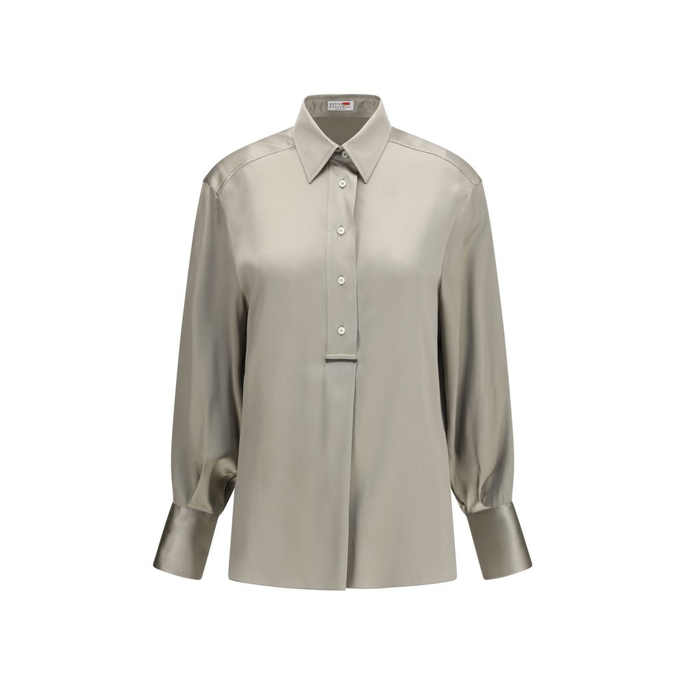 Shirt by Brunello Cucinelli for women in silk satin bicolour & pearl presents a discerning silhouette, showcasing a sophisticated and long-sleeve for a truly discerning finish.