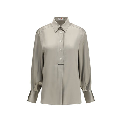Shirt by Brunello Cucinelli for women in silk satin bicolour & pearl presents a discerning silhouette, showcasing a sophisticated and long-sleeve for a truly discerning finish.