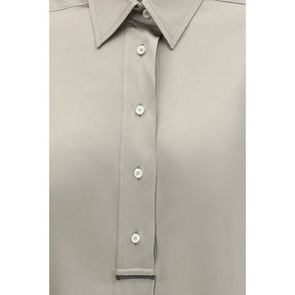 Shirt by Brunello Cucinelli for women in silk satin bicolour & pearl showcases a sharp silhouette, elegantly detailed with a sharp and sharp .