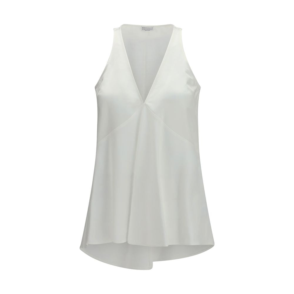 Blouse by Brunello Cucinelli for women in cotton satin white showcases a sharp silhouette, elegantly detailed with a sharp v-neck neckline and sharp .