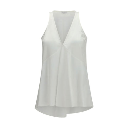 Blouse by Brunello Cucinelli for women in cotton satin white showcases a sharp silhouette, elegantly detailed with a sharp v-neck neckline and sharp .