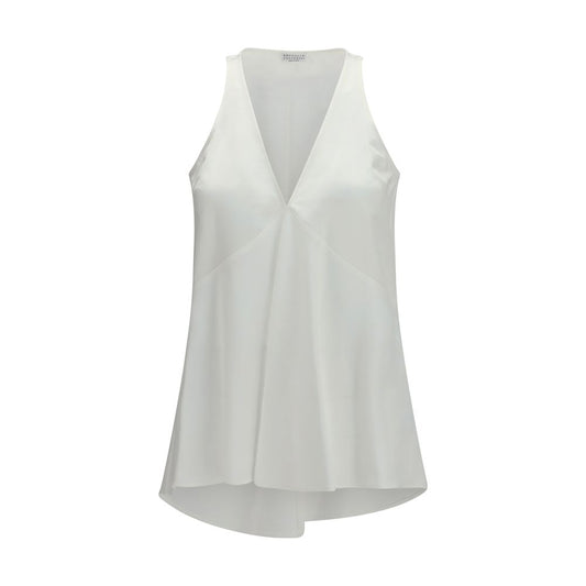 Blouse by Brunello Cucinelli for women in cotton satin white showcases a sharp silhouette, elegantly detailed with a sharp v-neck neckline and sharp .