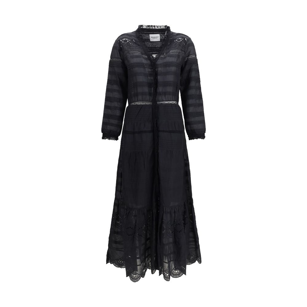 Dress by Isabel Marant Étoile for women in cotton black & toile features an sultry silhouette defined by a v-neck neckline and long-sleeve, falling to an sultry long for a sultry look.