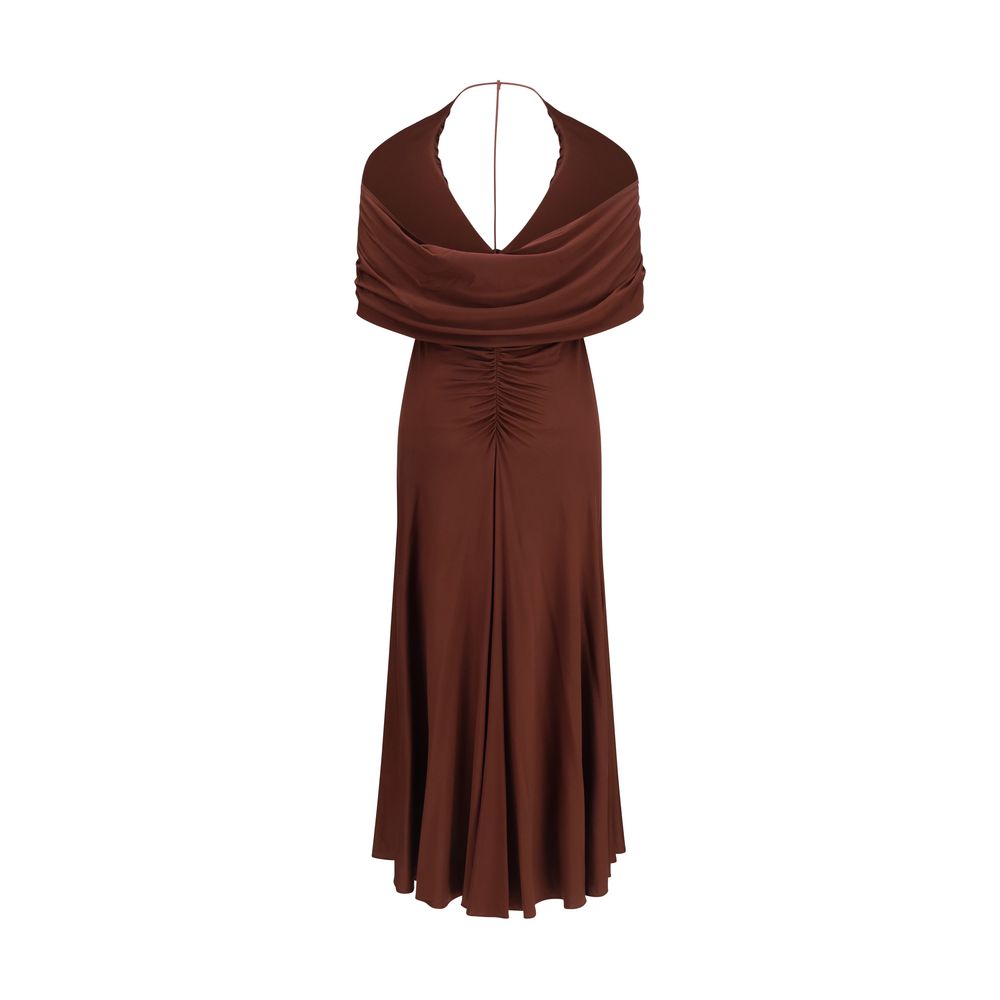 Dress by Self-Portrait for women in stretch viscose brown & natural features an sultry silhouette defined by a halter neckline and , falling to an sultry midi for a sultry look.