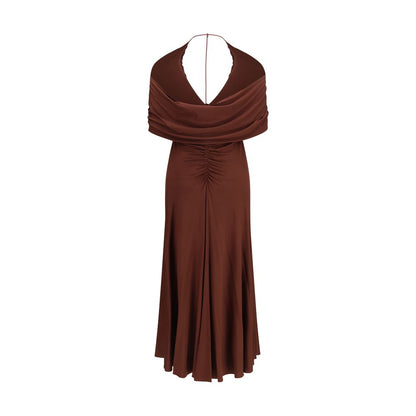 Dress by Self-Portrait for women in stretch viscose brown & natural features an sultry silhouette defined by a halter neckline and , falling to an sultry midi for a sultry look.