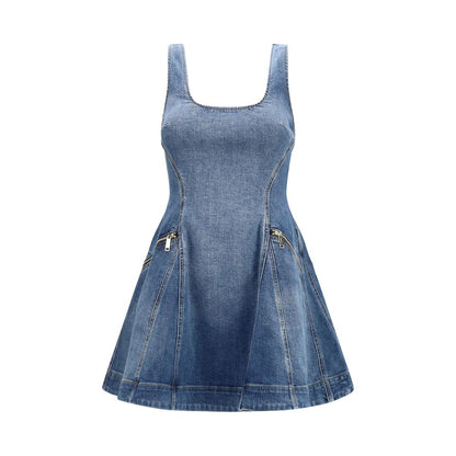 Dress by Self-Portrait for women in stretch denim cotton blue features an eye catching silhouette with a sophisticated , elegant sleeveless, and a refined short mini for a eye catching aesthetic.