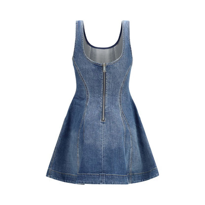 Dress by Self-Portrait for women in stretch denim cotton blue features an cute silhouette, detailed with a and that elegantly flows into a cute short mini.