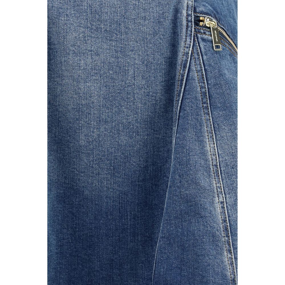 Dress by Self-Portrait for women in stretch denim cotton blue features a dramatic silhouette, showcasing an elegant and that flows into a dramatic short mini.