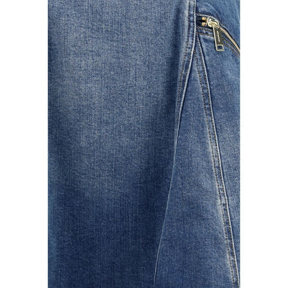 Dress by Self-Portrait for women in stretch denim cotton blue features a dramatic silhouette, showcasing an elegant and that flows into a dramatic short mini.