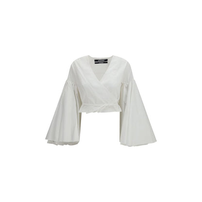 Shirt by Jacquemus for women in cotton white showcases a sublime silhouette, artfully detailed with a sublime wrap v-neck neckline and long-sleeve for a sophisticated, sublime finish.