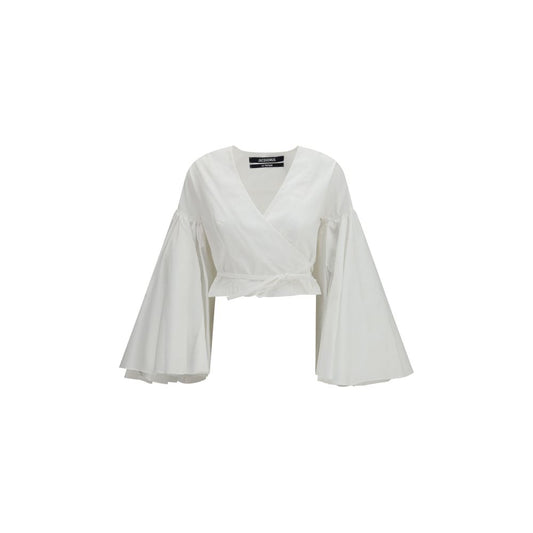 Shirt by Jacquemus for women in cotton white showcases a sublime silhouette, artfully detailed with a sublime wrap v-neck neckline and long-sleeve for a sophisticated, sublime finish.