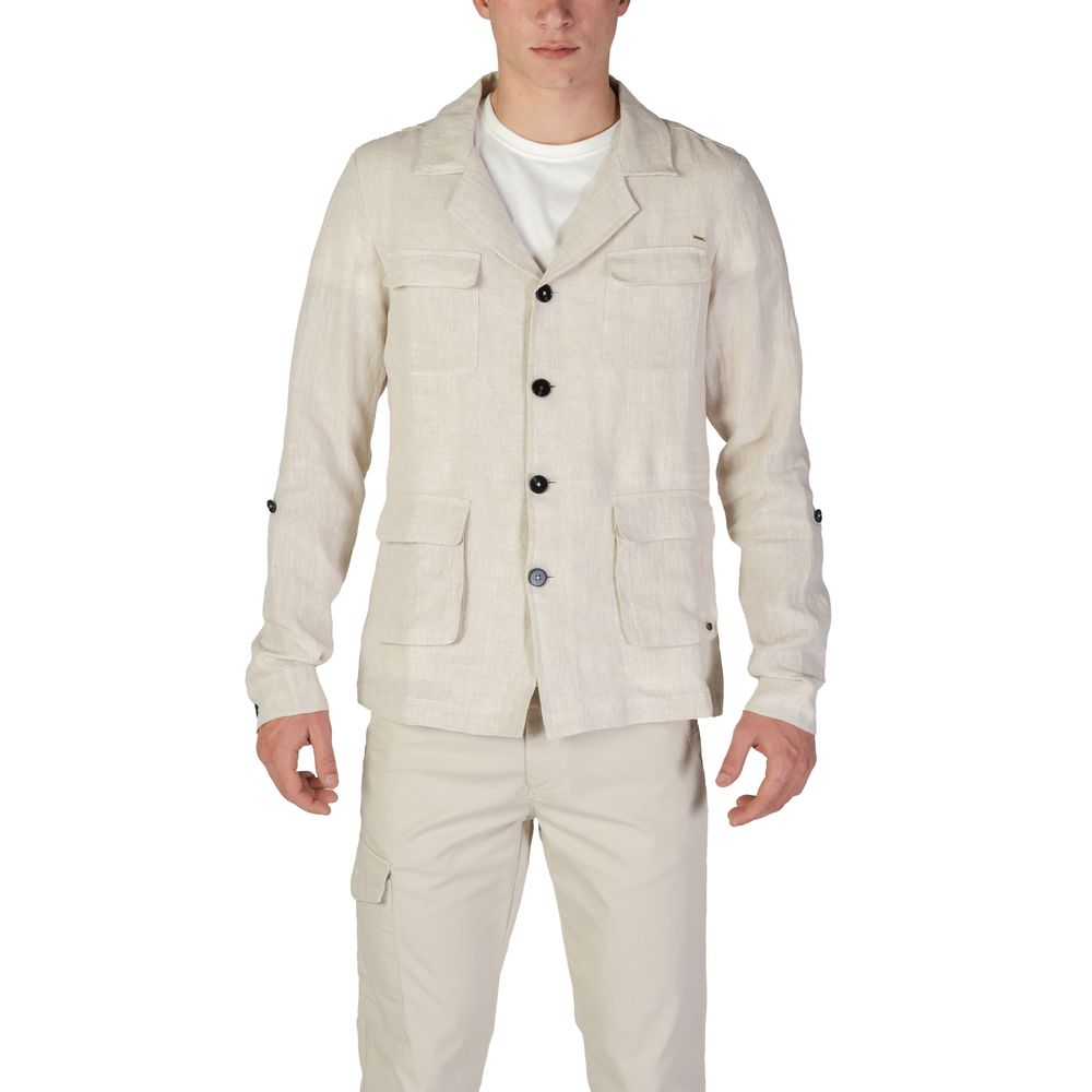 Hooded Blazer by In My Hood for men in linen beige features an sartorial silhouette, showcasing a sophisticated hooded neckline and sartorial for a truly sartorial finish.