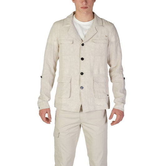 Hooded Blazer by In My Hood for men in linen beige features an sartorial silhouette, showcasing a sophisticated hooded neckline and sartorial for a truly sartorial finish.