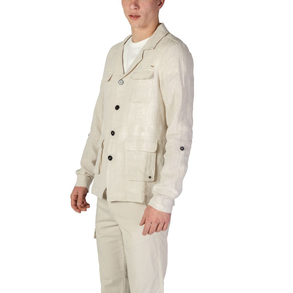 Hooded Blazer by In My Hood for men in linen beige showcases a polished silhouette, highlighted by a refined and polished for a sophisticated finish.