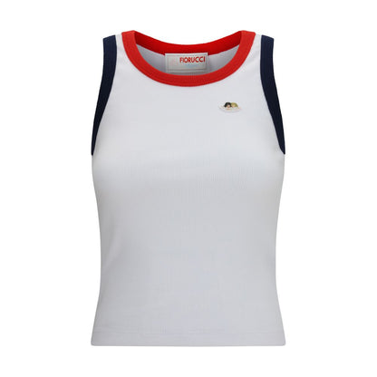 Activewear T-Shirt by Fiorucci for women in stretch cotton multicolor, navy, red & signature features an contemporary design with , a sleeveless length, and a contemporary round neckline.