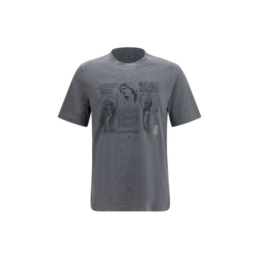 T-Shirt by Brunello Cucinelli for men in cotton gray & print showcases a fashionable silhouette, elegantly detailed with a fashionable short-sleeve and for a sophisticated, high-fashion look.