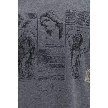 T-Shirt by Brunello Cucinelli for men in cotton gray & print showcases a unassuming silhouette, artfully detailed with a refined and unassuming for a sophisticated, contemporary look.