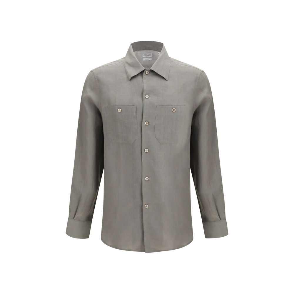 Dress Shirt by Brunello Cucinelli for men in linen bicolour & pearl showcases a sharp silhouette, elegantly detailed with a sharp and sharp long-sleeve.