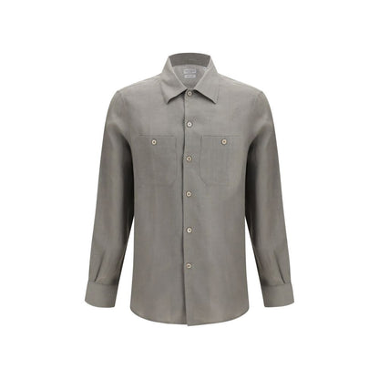 Dress Shirt by Brunello Cucinelli for men in linen bicolour & pearl showcases a sharp silhouette, elegantly detailed with a sharp and sharp long-sleeve.