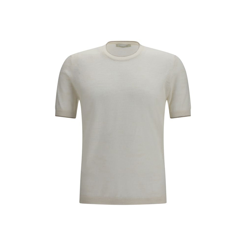 Shirt by Brooksfield for men in linen & polyester white presents a discerning silhouette, showcasing a sophisticated crew neckline and short-sleeve for a truly discerning finish.