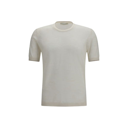 Shirt by Brooksfield for men in linen & polyester white presents a discerning silhouette, showcasing a sophisticated crew neckline and short-sleeve for a truly discerning finish.