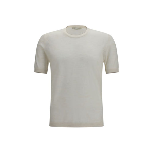 Shirt by Brooksfield for men in linen & polyester white presents a discerning silhouette, showcasing a sophisticated crew neckline and short-sleeve for a truly discerning finish.